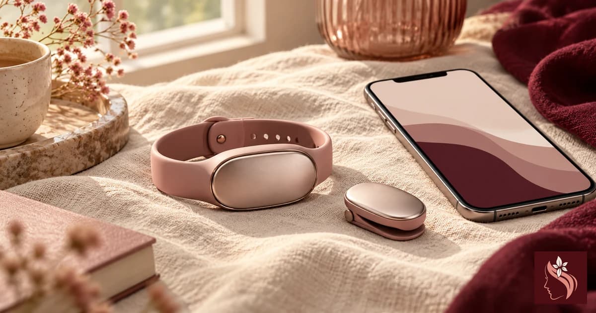 Unbranded wearable vibration band and blank-screen phone on cream linen