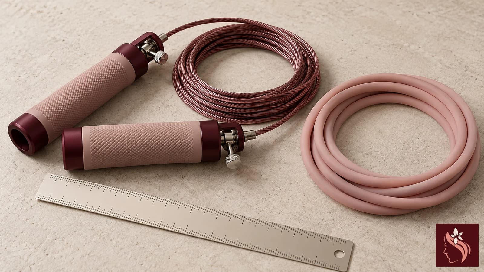 A speed cable and beaded rope with adjustment detail and ruler