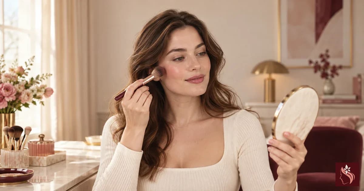 White woman with naturally textured fair skin and brown hair applying a light cheek tint at a vanity