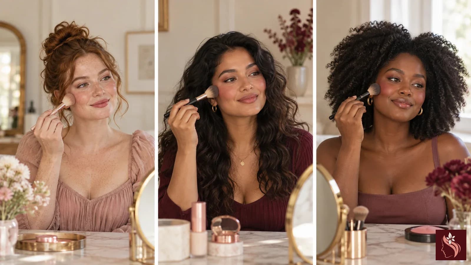 Photorealistic triptych of three women with fair, medium, and deep skin tones applying blush in different placements