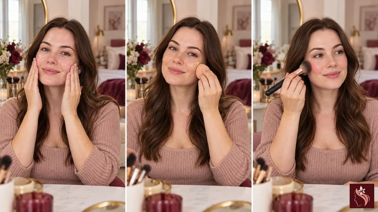 Three photorealistic moments of a white woman preparing her skin, blending light complexion makeup, and applying cheek color