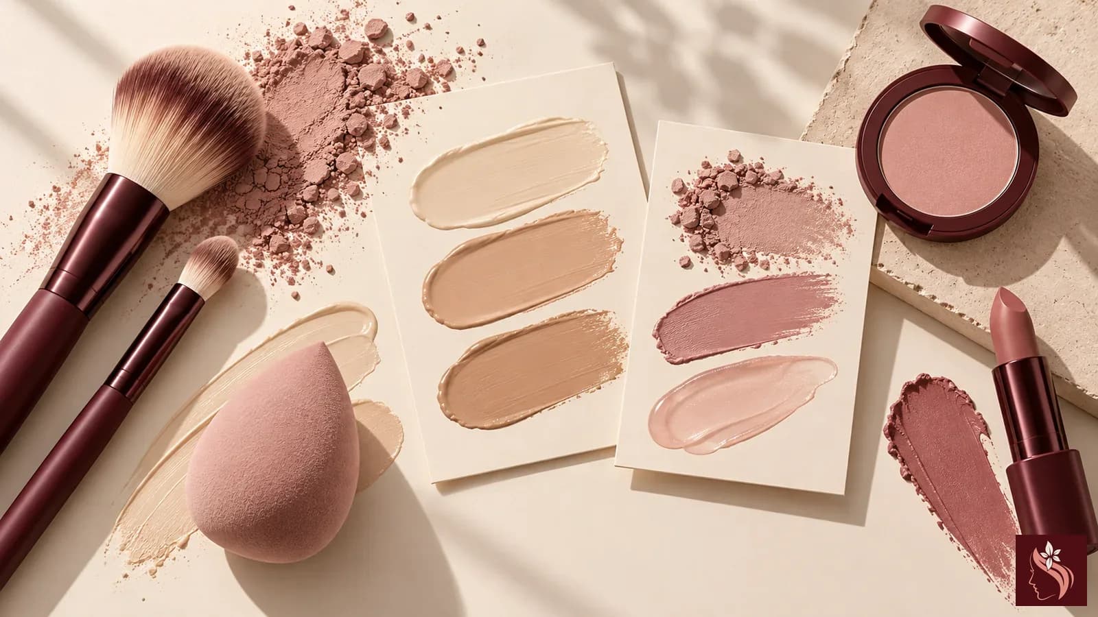 Unbranded makeup brushes, a sponge, and cream, powder, and sheer color swatches on a warm neutral vanity