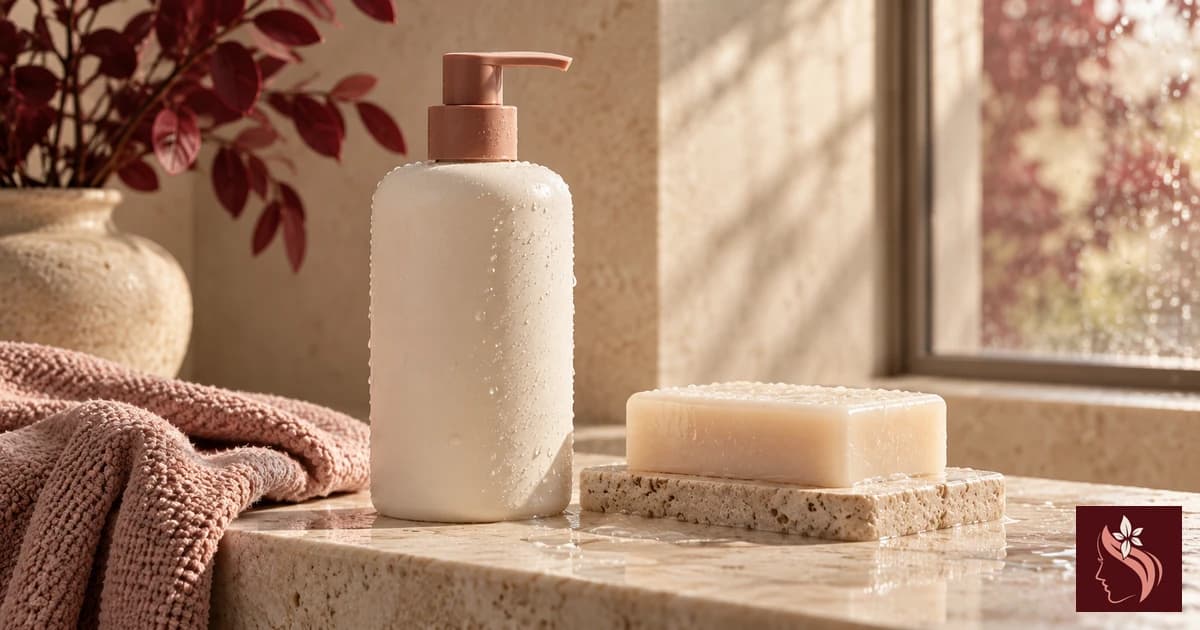 An unbranded body wash pump and cleansing bar on a stone bathroom ledge