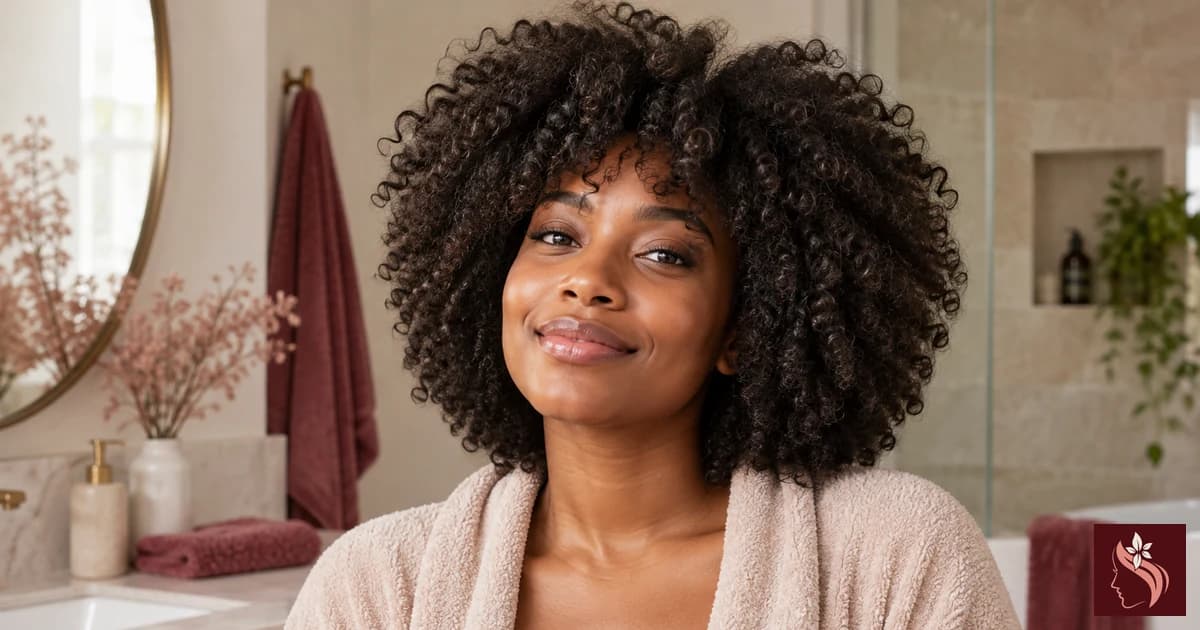 Woman with natural coily hair, full head visible in a light bathroom