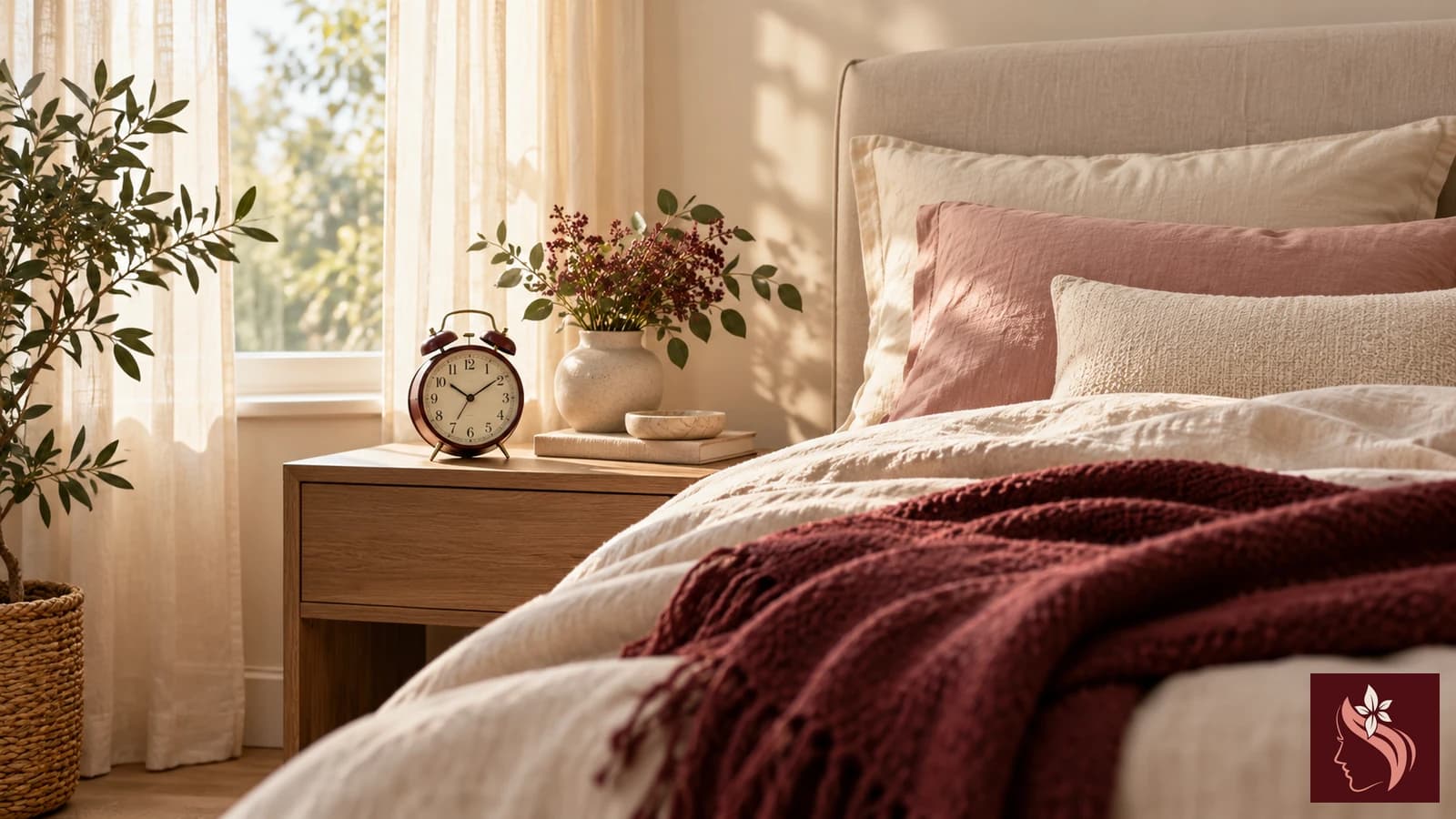 A bedside table with a clock and soft morning light