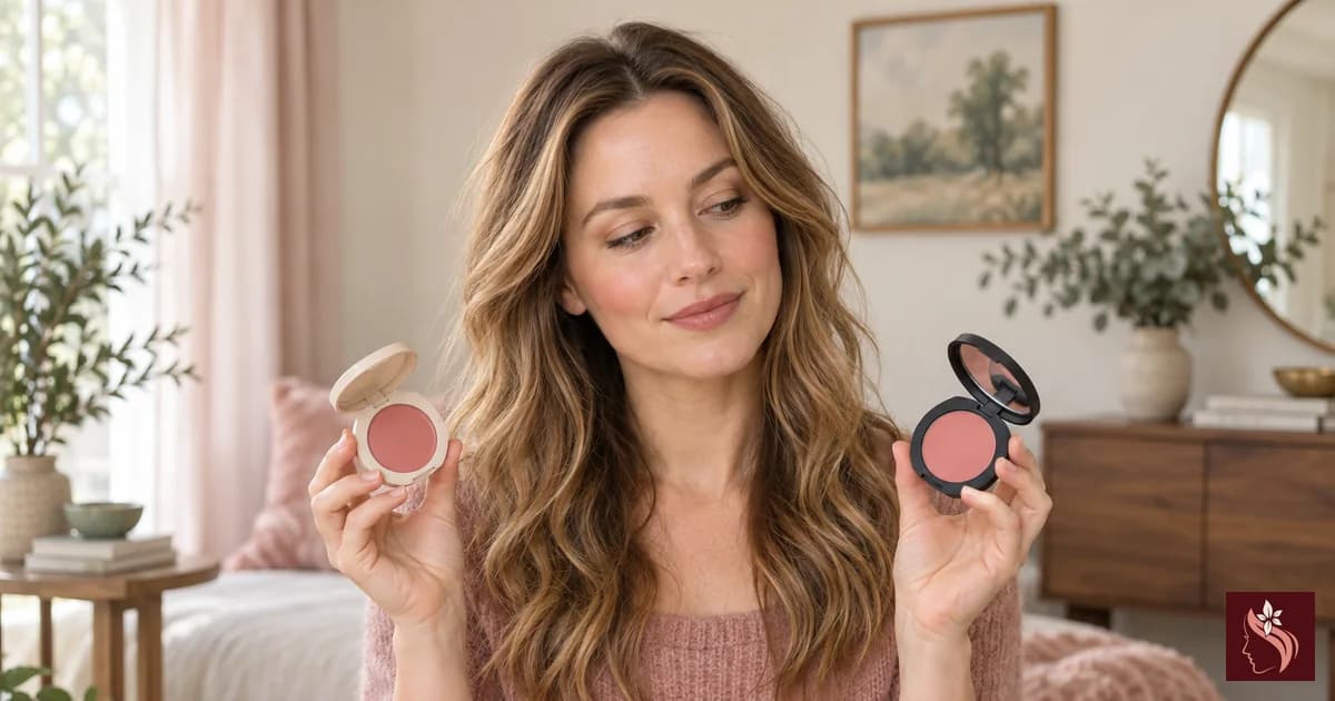 White woman comparing soft cream and powder blush looks, full head and hair visible
