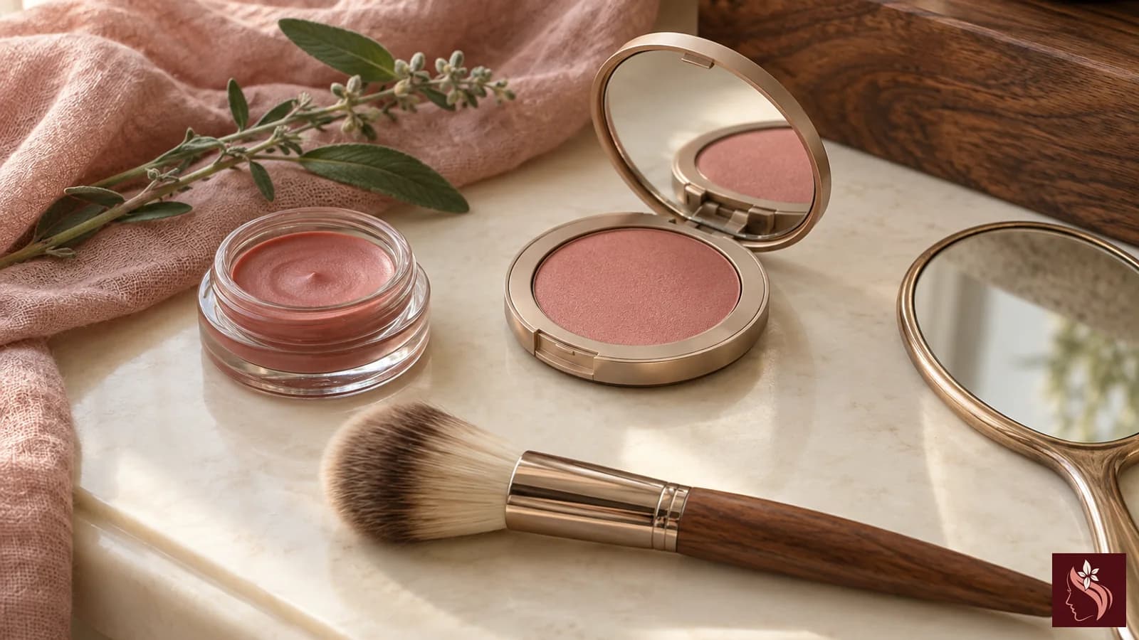 Cream blush compact and powder blush pan arranged beside clean brushes