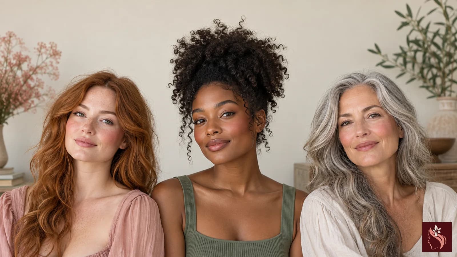 Three women of different skin tones and ages wearing subtle blush in distinct styles, full heads visible