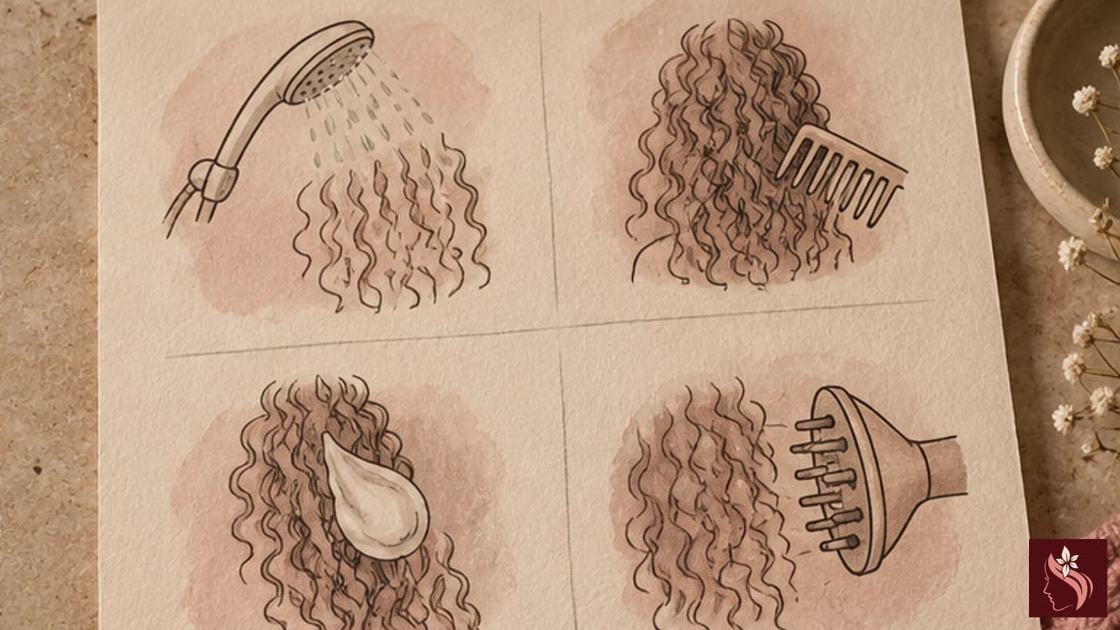 Illustrative curl styling products and a diffuser arranged without labels