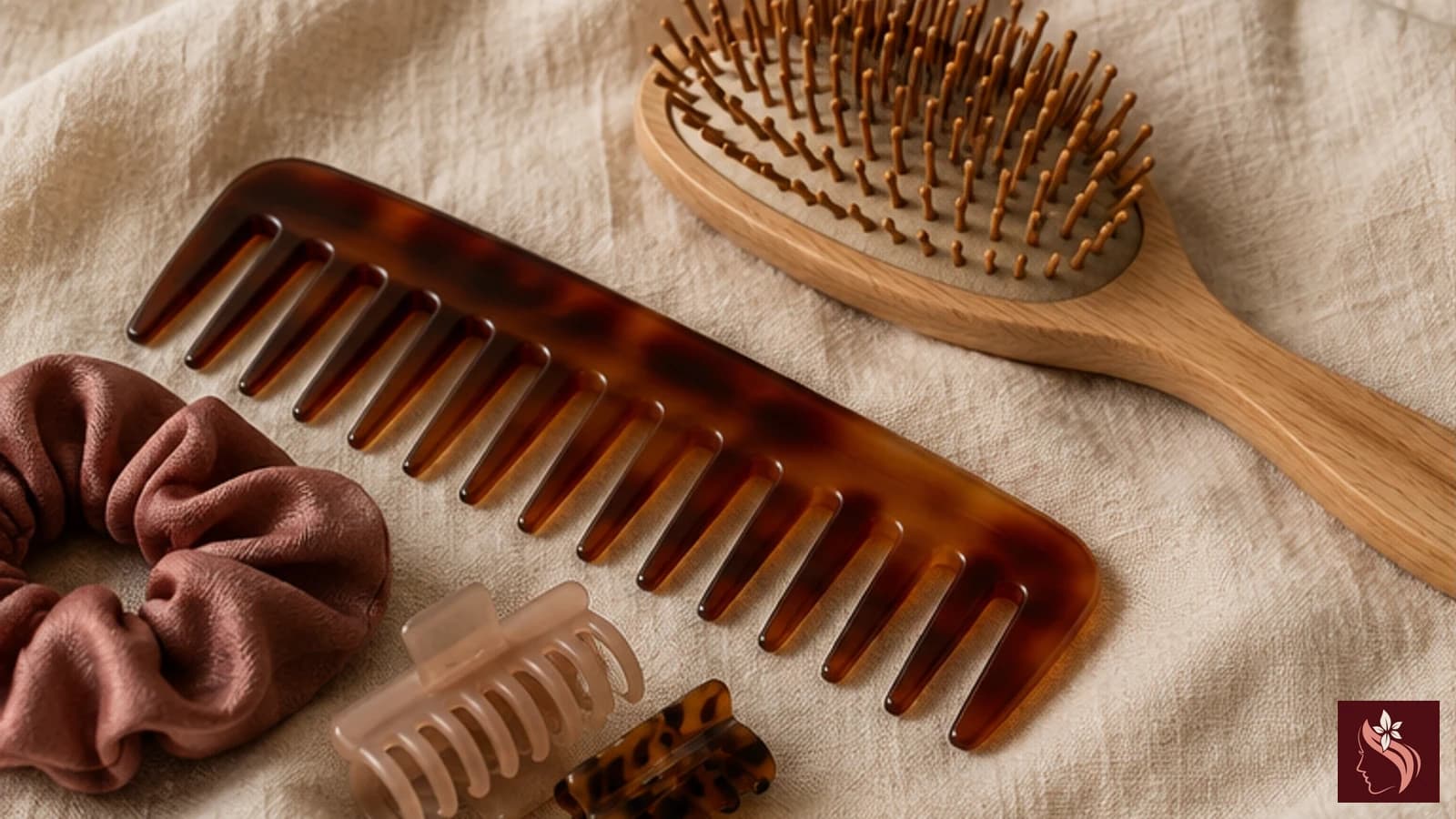 Detangling tools and sectioning supplies arranged on cream linen