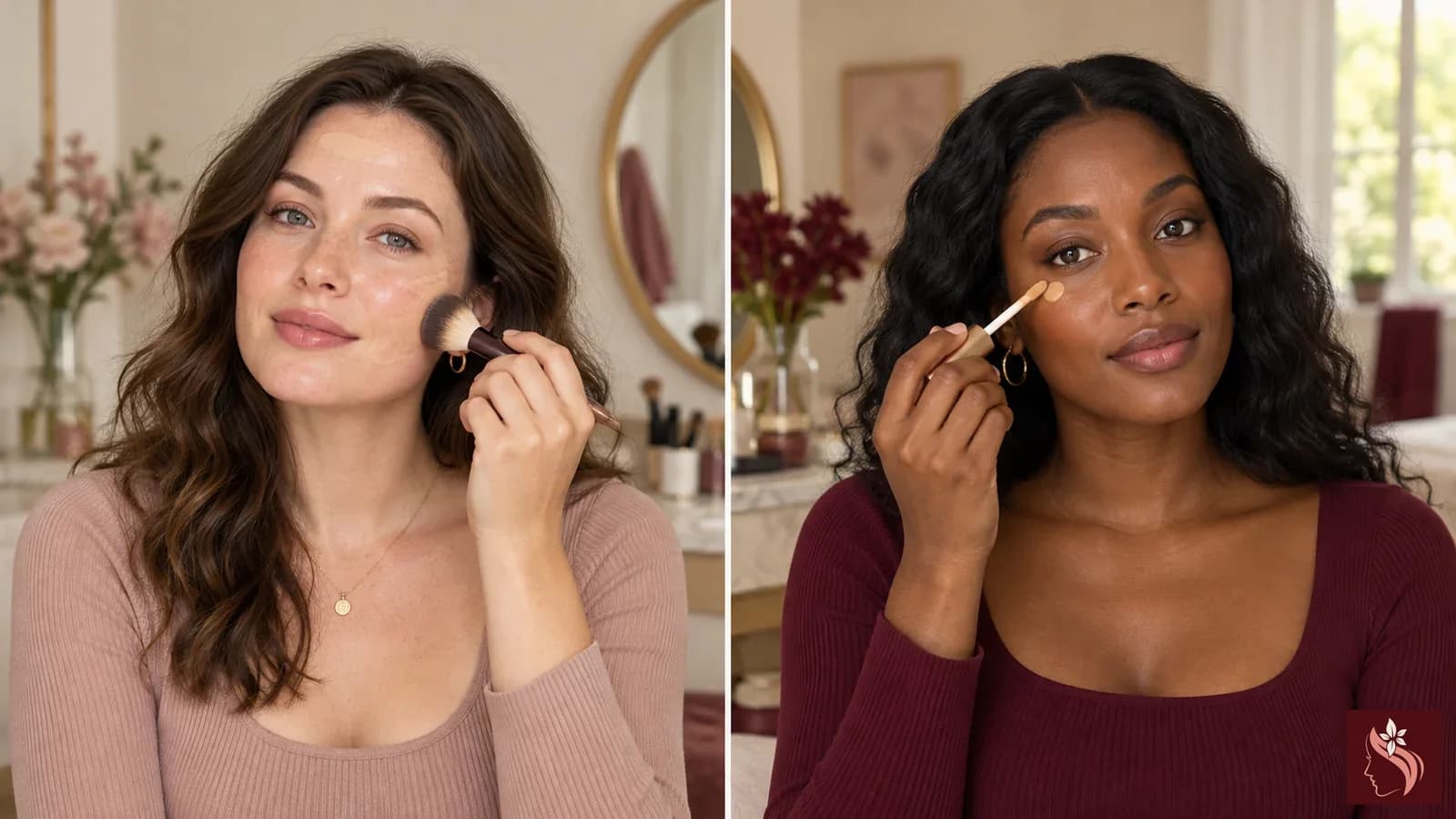 Two women with fair and deep skin tones applying complexion makeup over broad and selected areas, both full heads visible