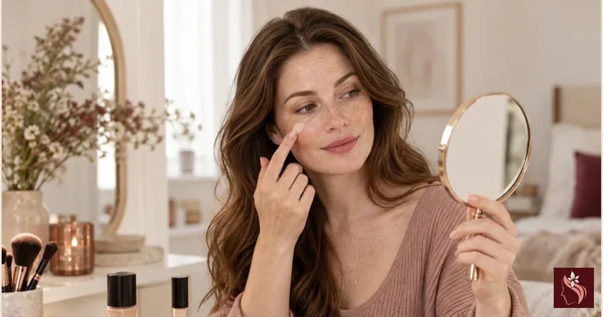 White woman with freckles comparing a small amount of complexion makeup in a mirror, full head and hair visible