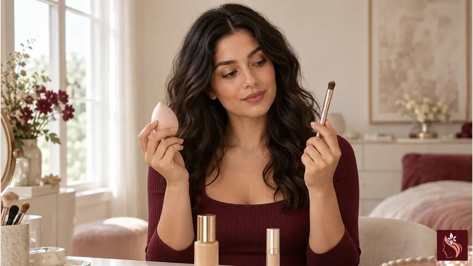 Woman with medium olive skin comparing a clean makeup sponge and brush at a vanity, full head and hair visible