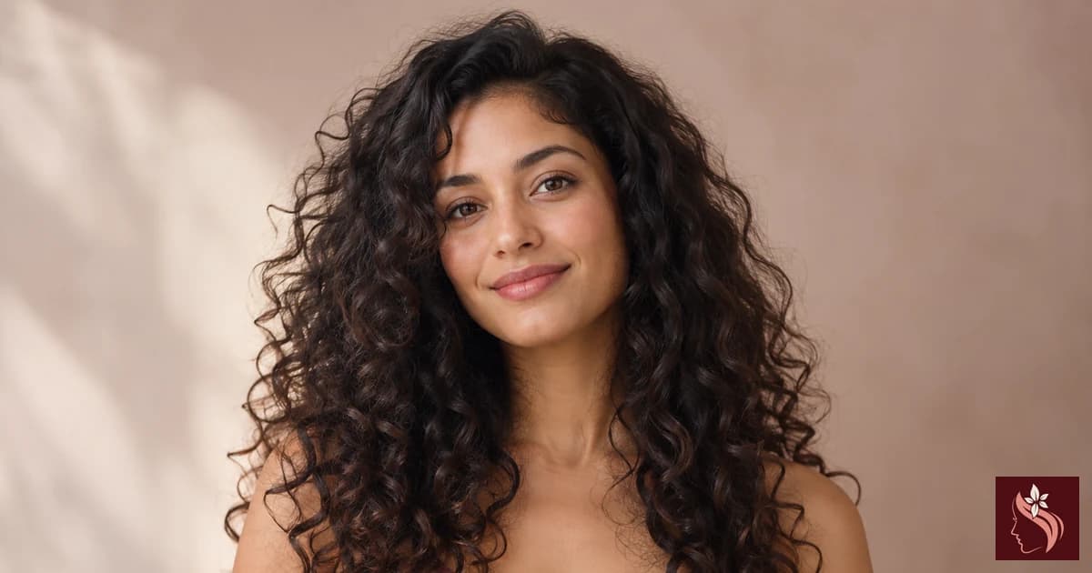 Woman with natural dark curls, complete head and hair visible