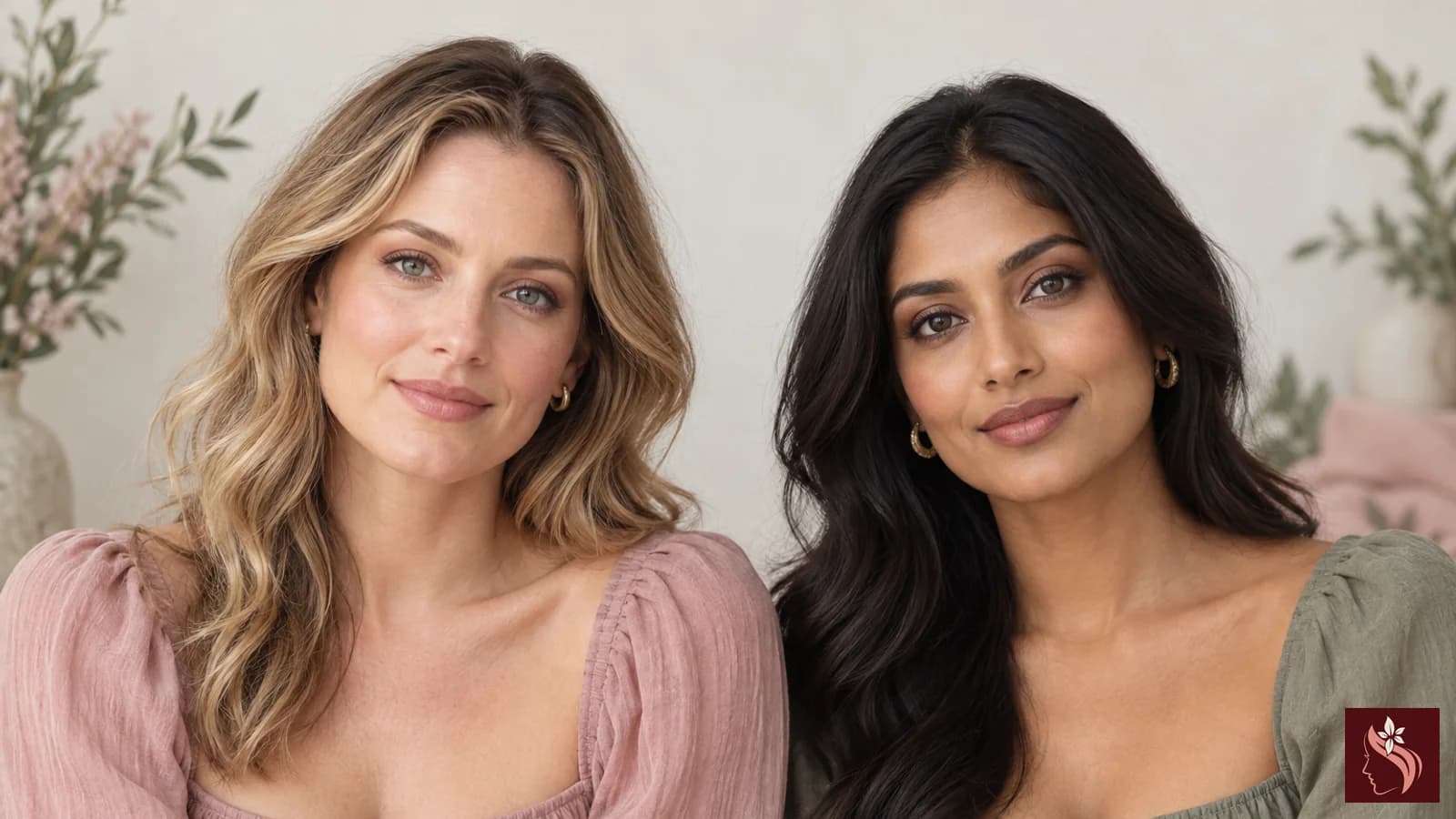 Two women with different skin tones and eye shapes wearing minimal neutral eyeshadow, full heads visible