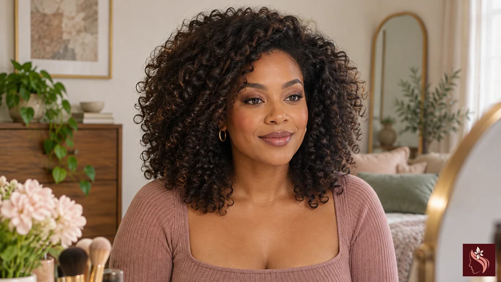 Woman checking subtle eyeshadow placement with relaxed open eyes, full head and hairstyle visible