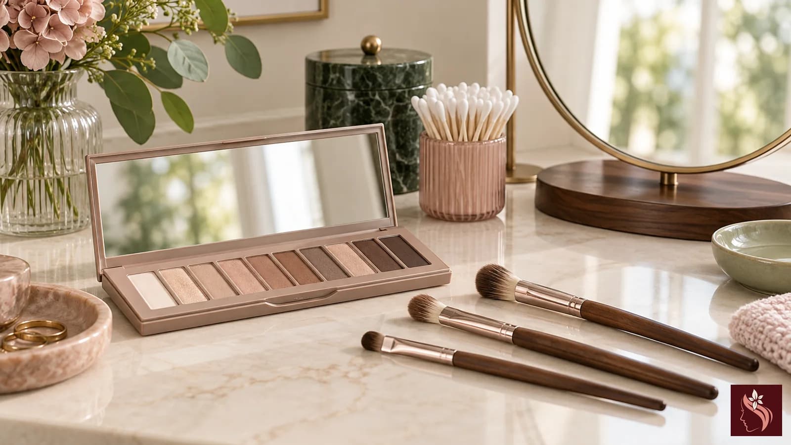 Clean eyeshadow brushes beside neutral shadow pans and a standing mirror