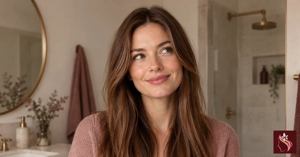 Woman with straight chestnut hair in a neutral bathroom, complete head and hair visible