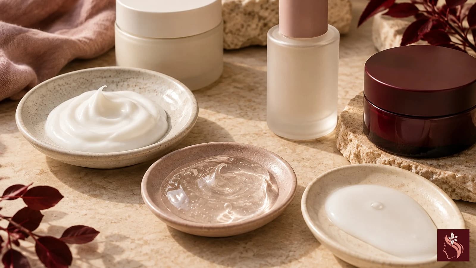 Unbranded face moisturizer textures and containers arranged in dusty pink and cream