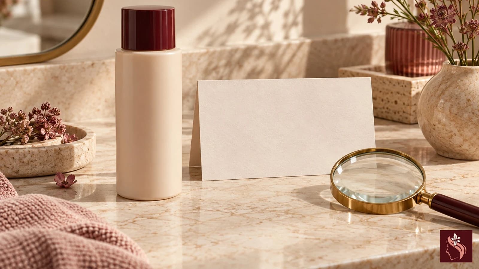 Generic product label card and ingredient list beside a plain bottle, no legible text