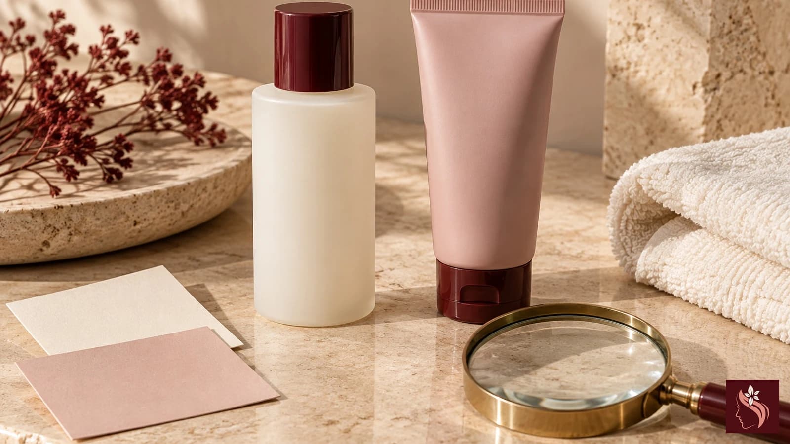 Unbranded skincare packages and a magnifying glass on a cream counter