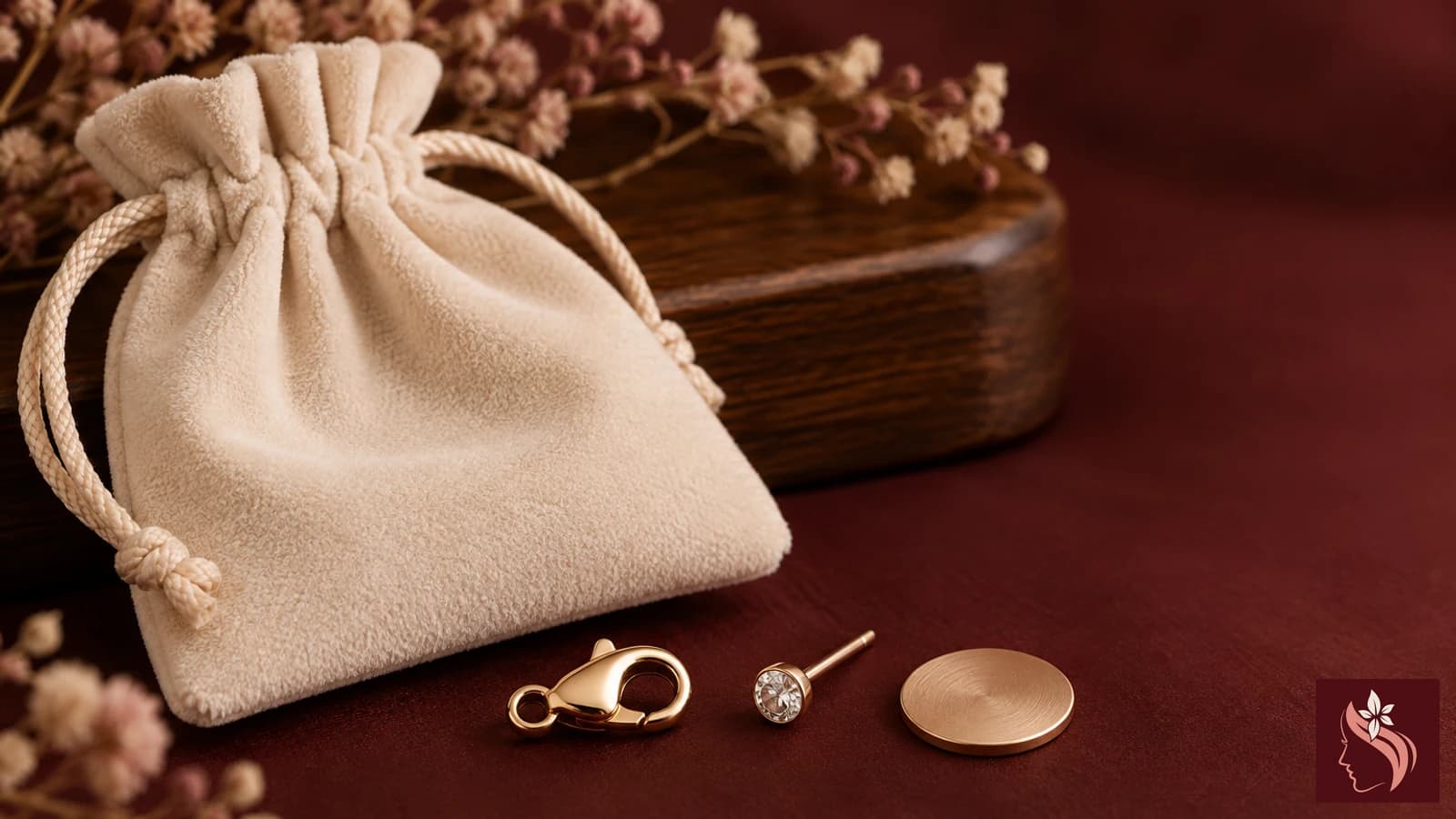 Simple metal samples and earrings on cream linen without medical symbols