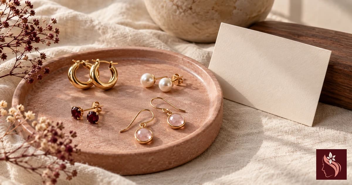 Unbranded earrings beside a blank material card and cream pouch