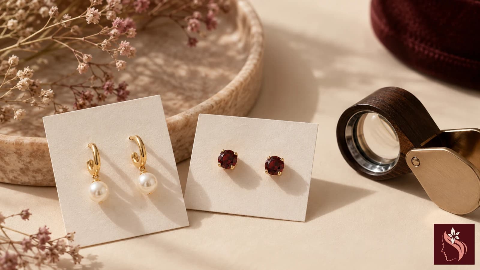 Earring posts and backs arranged beside a blank disclosure card
