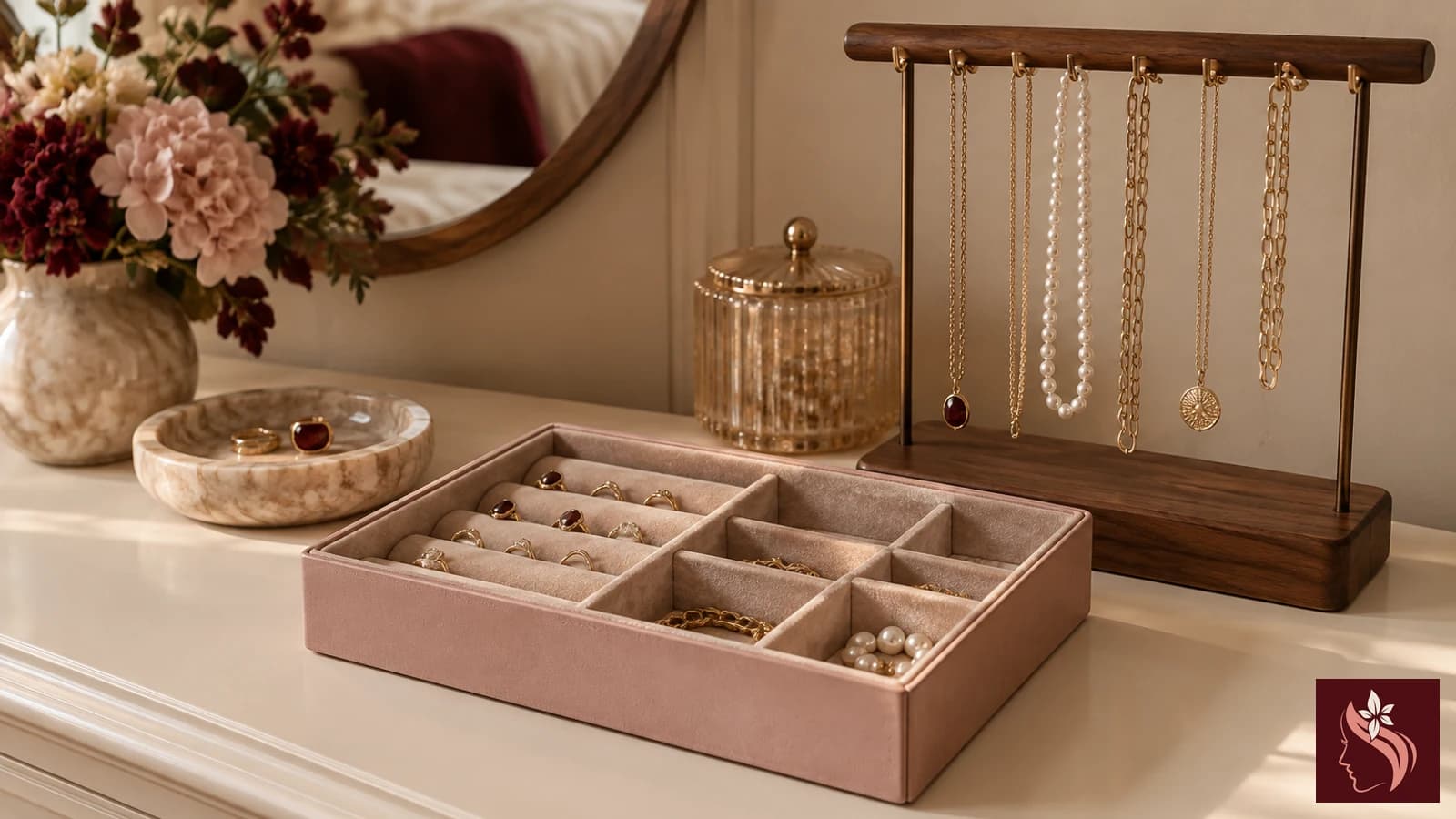 A lined handbag-style jewelry organizer with pieces stored separately