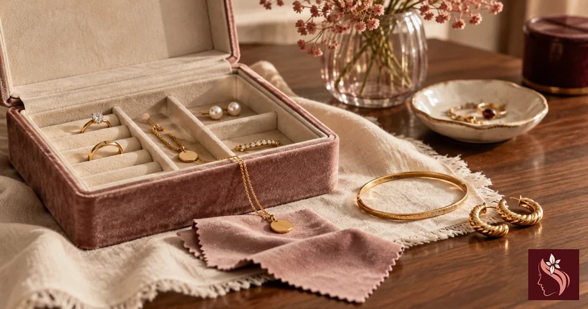 Open jewelry case, soft cloth and mixed jewelry on cream linen