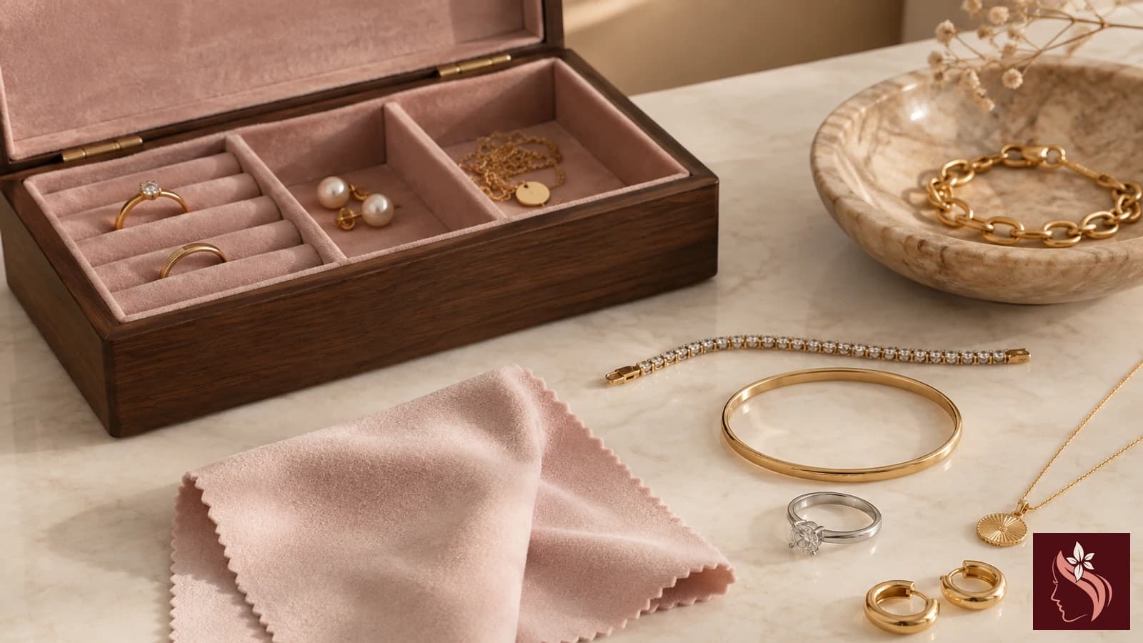 Separate jewelry pouches arranged on walnut for storage planning