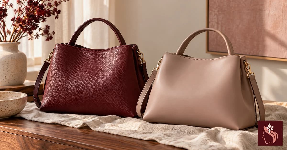 Two unbranded handbags with distinct surface textures on cream linen and walnut