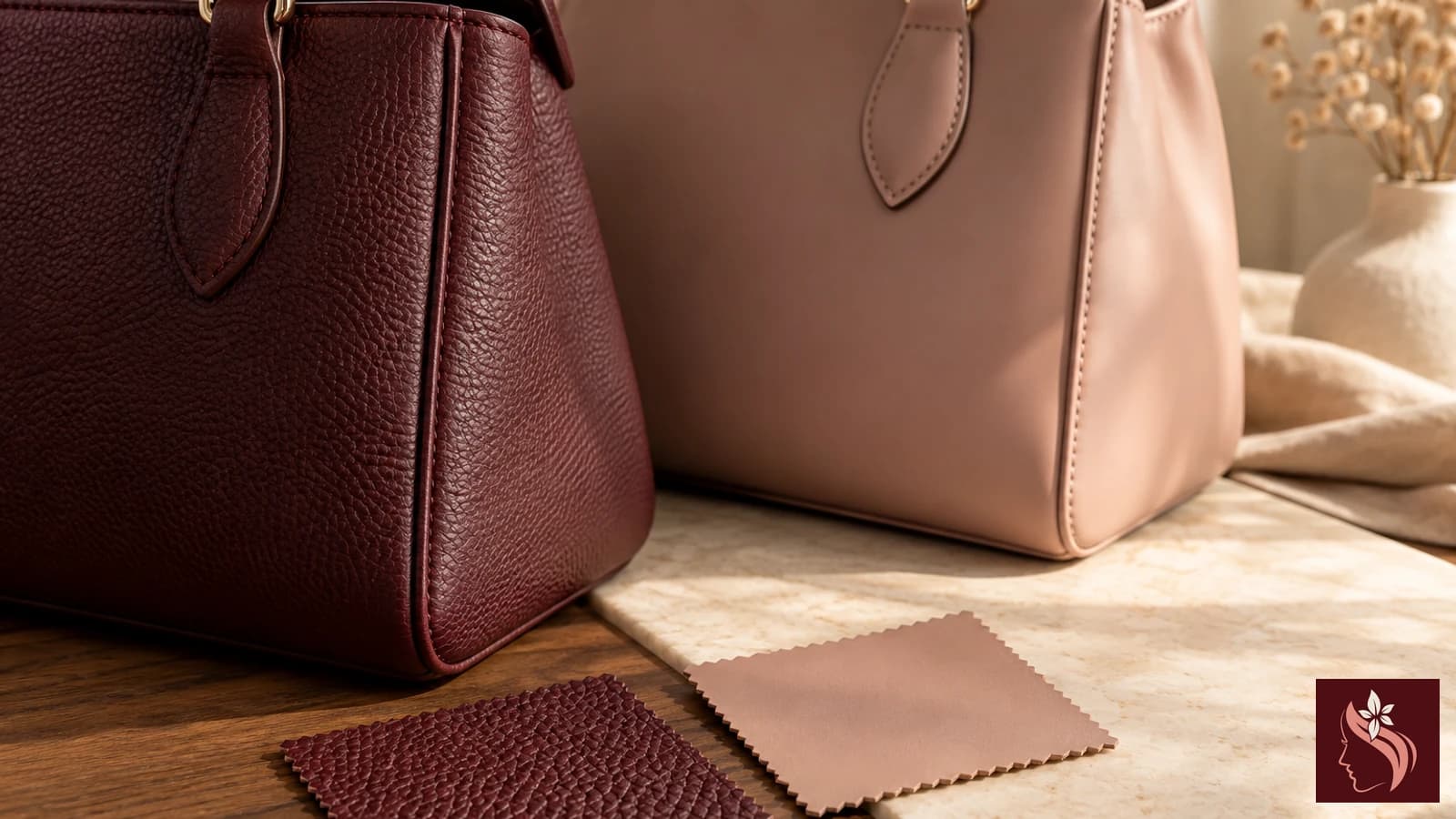 Close view of handbag material swatches beside seams and handles