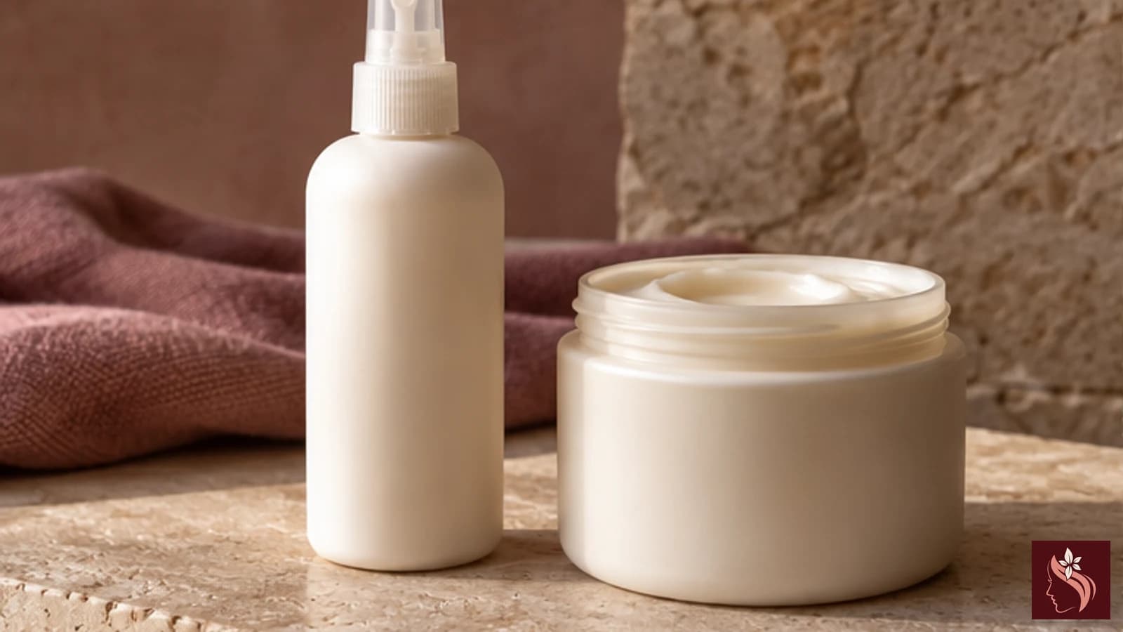 Haircare routine objects and a neutral towel on a shelf