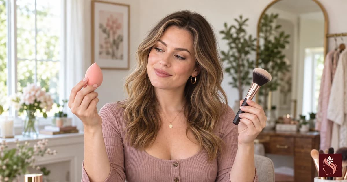 White woman comparing a makeup brush and sponge at a vanity, full head and hair visible