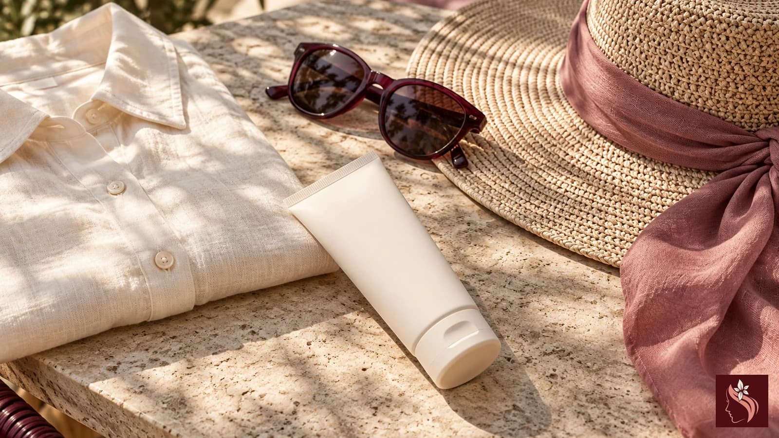 Unbranded sunscreen tubes, sunglasses and protective hat arranged in natural light