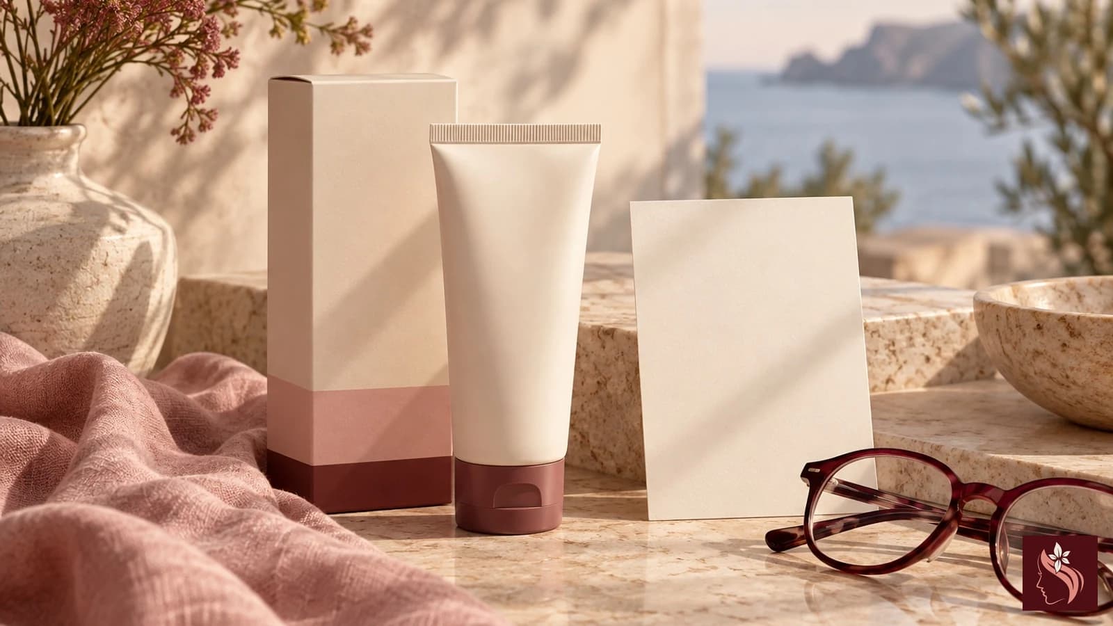 Unbranded sunscreen package beside a blank comparison card on a cream counter