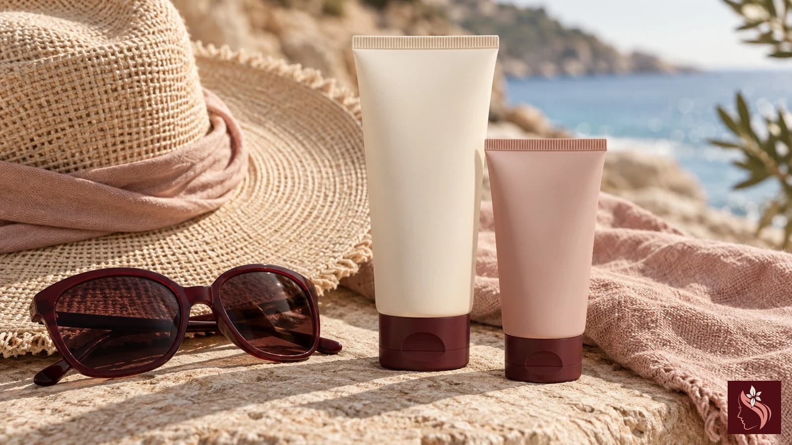 Two generic sunscreen bottles beside sunglasses and a linen hat in daylight