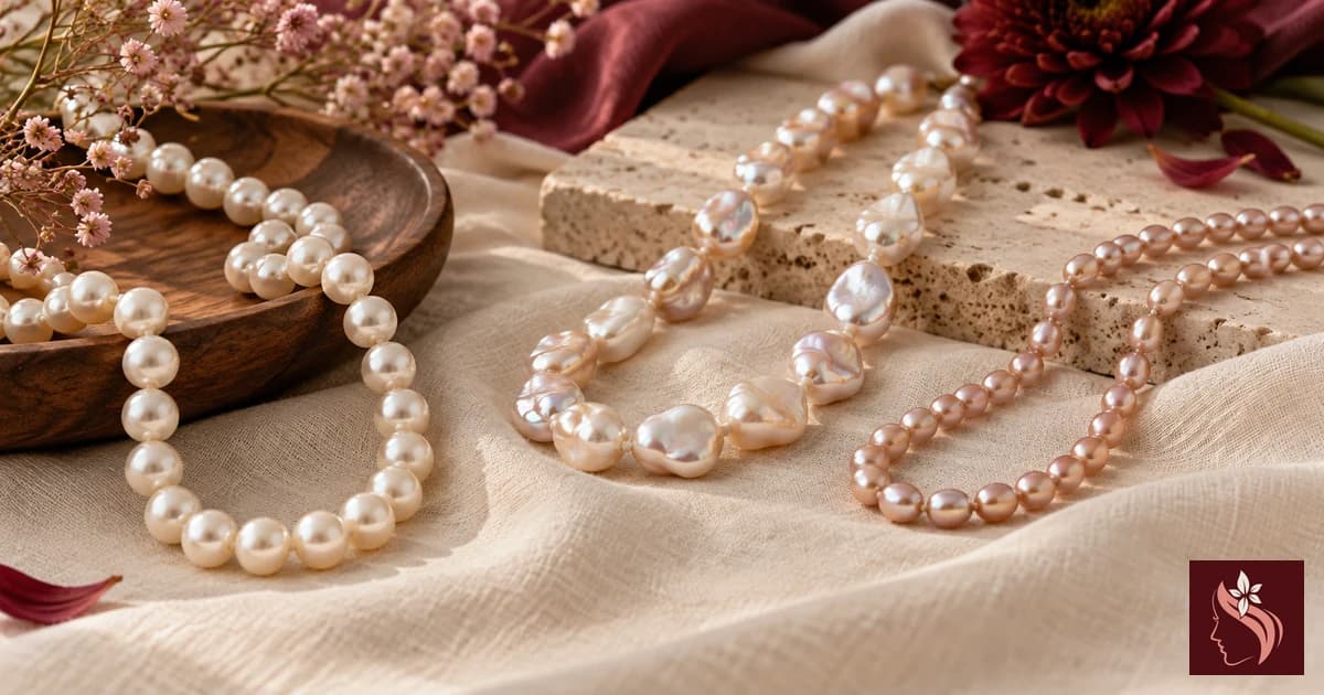 Pearl strands in varied shapes on cream textile with burgundy accents