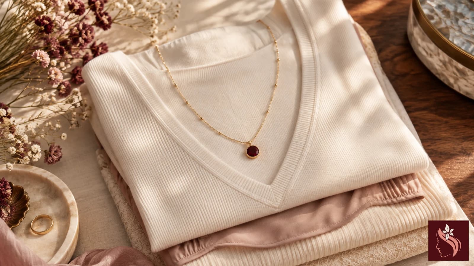 A simple pendant on a cream neckline with burgundy textile accent
