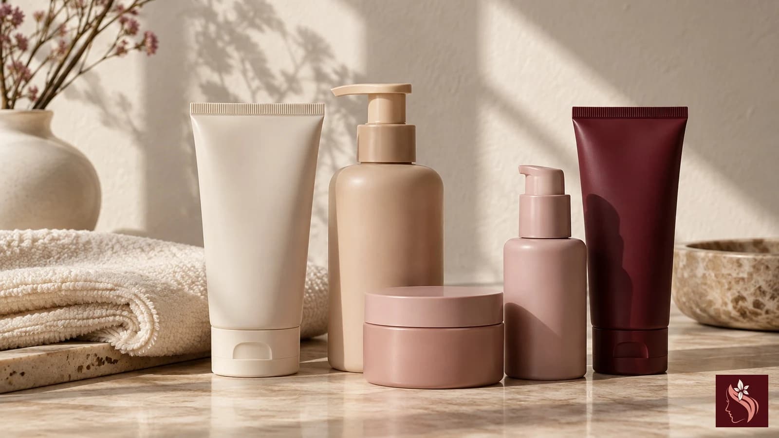 Unbranded skincare bottles with a closed notebook in warm editorial light