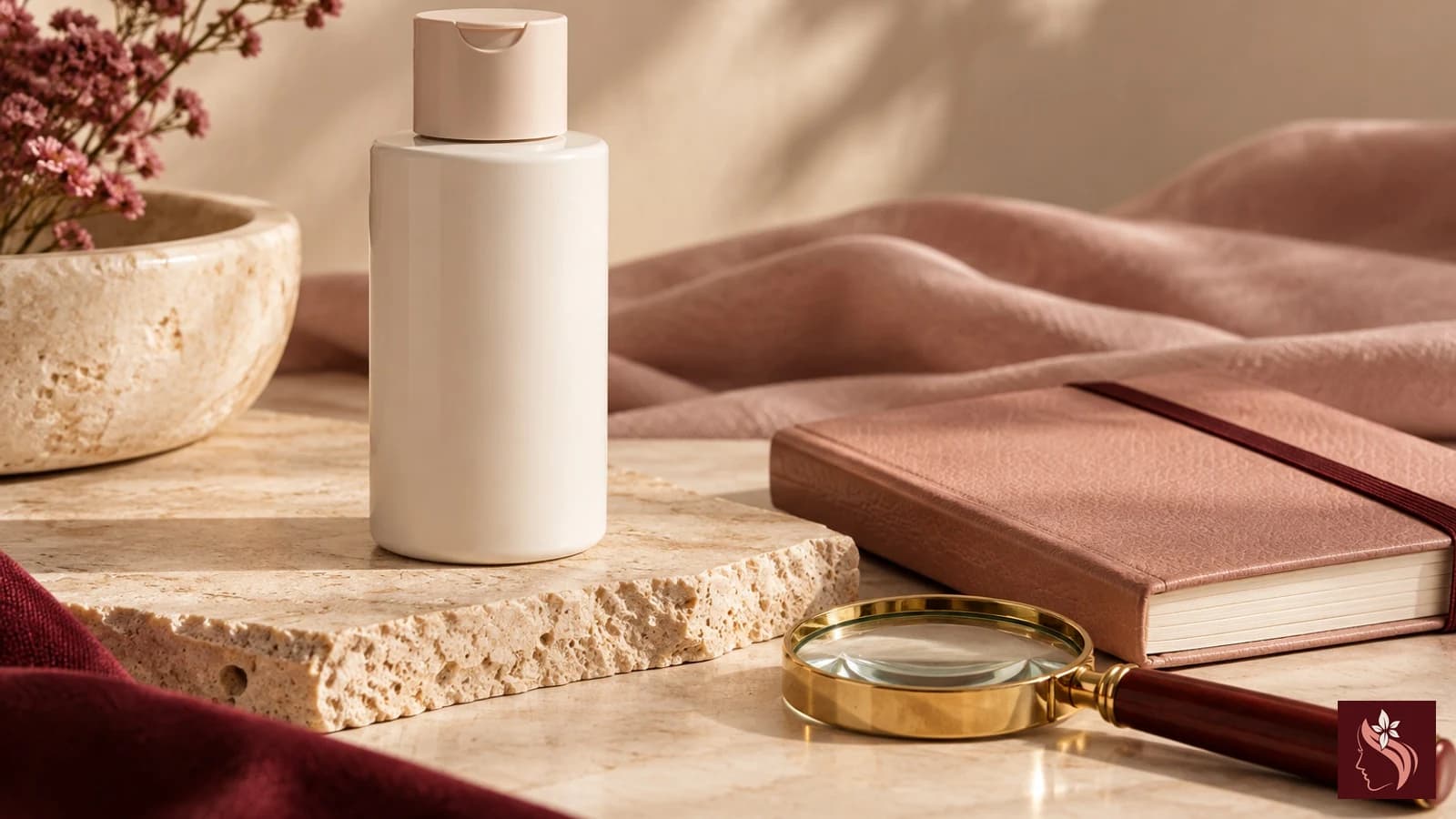 Generic product label card and unbranded bottle arranged on a cream counter