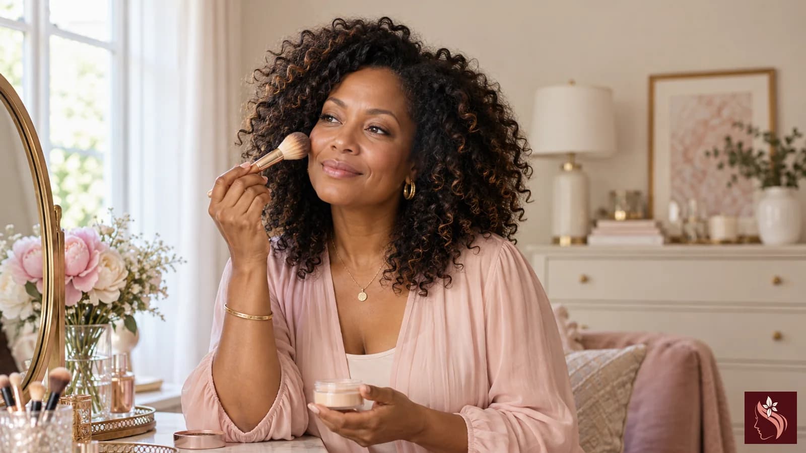 Woman lightly applying powder with a soft brush, full head and hair visible