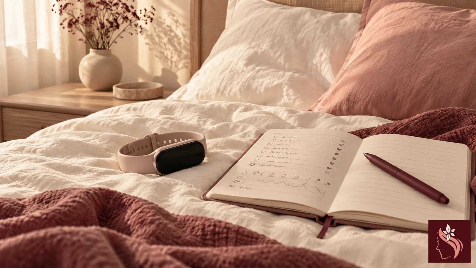 Sleep wearable beside blurred research pages and notebook