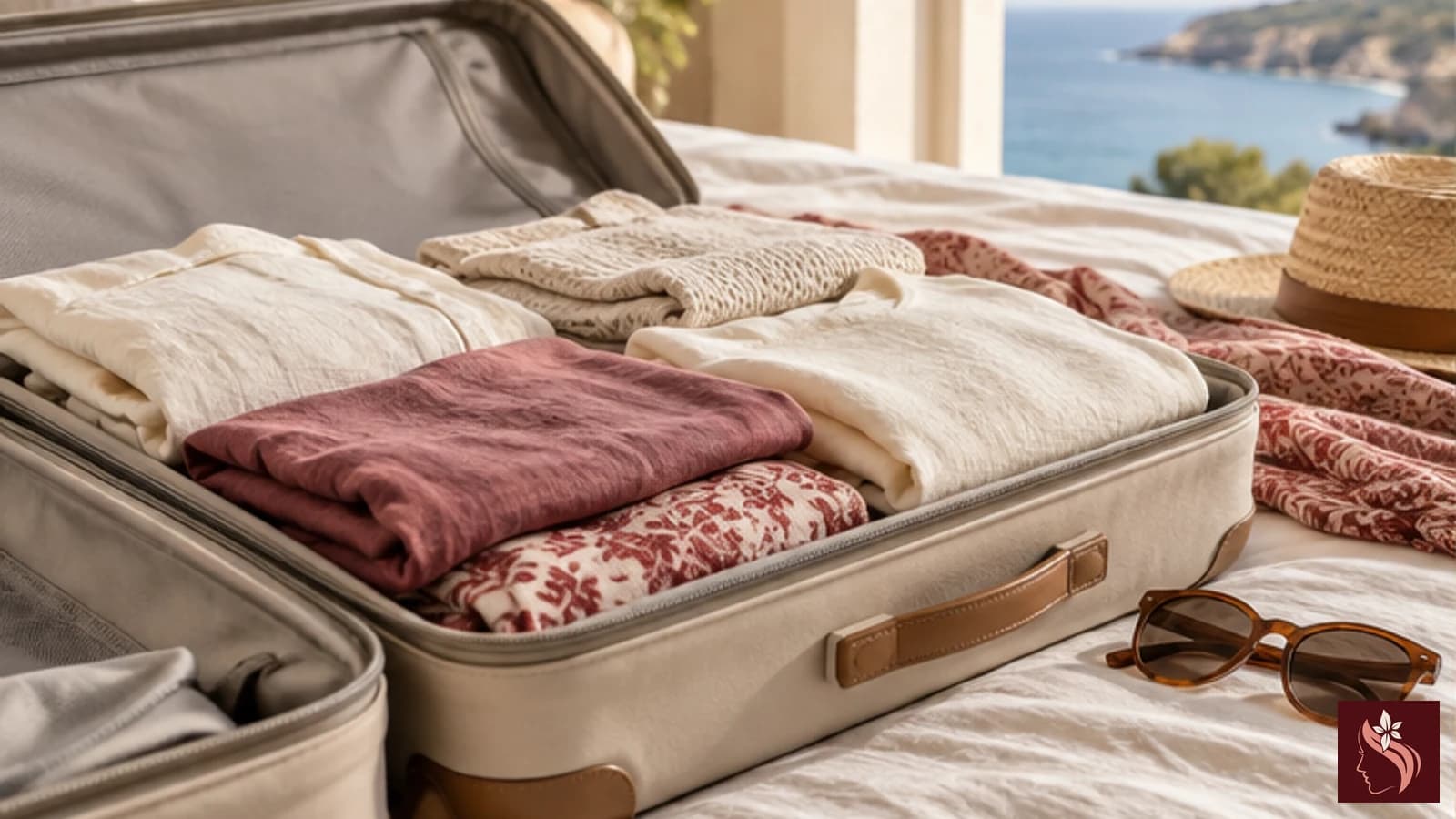 Folded summer garments and a small open suitcase arranged as a packing plan