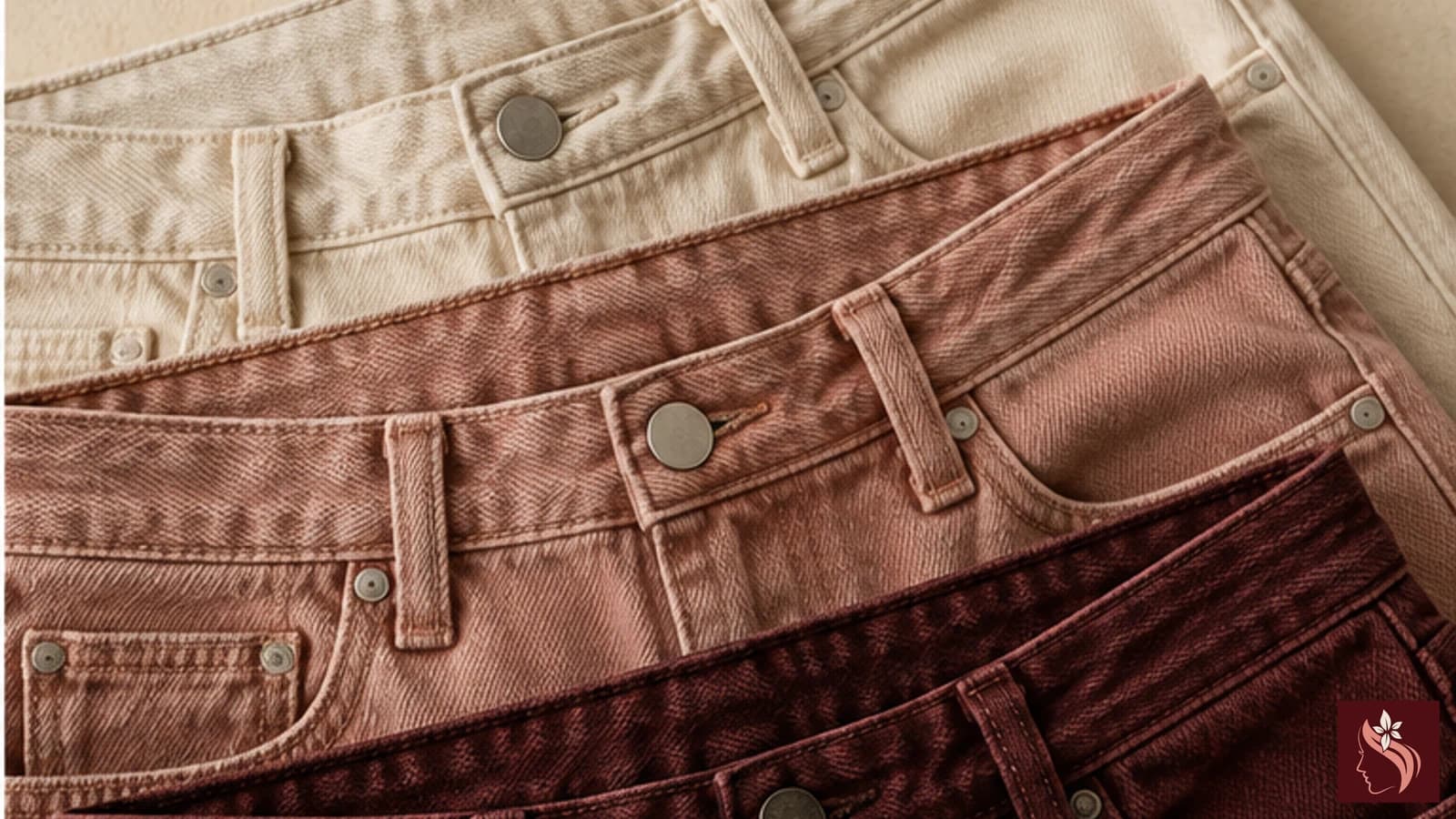 Close-up of jean waistband, rise, seam, and fabric texture with tape measure