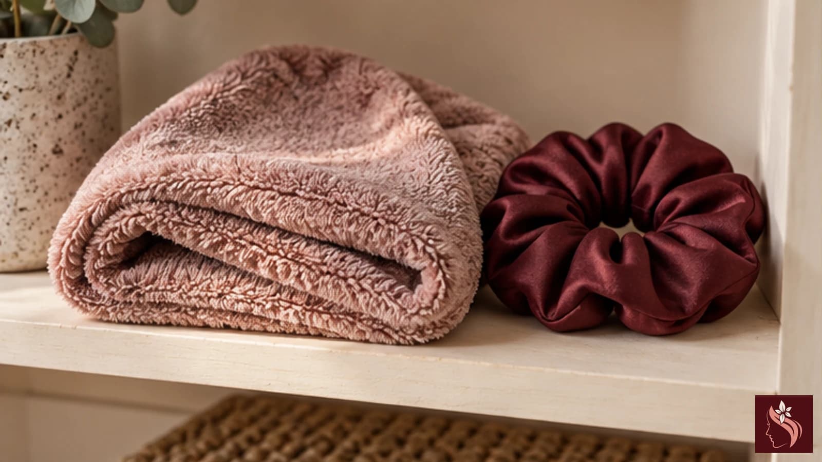 Towel, satin scrunchie, and comb on a calm bathroom shelf
