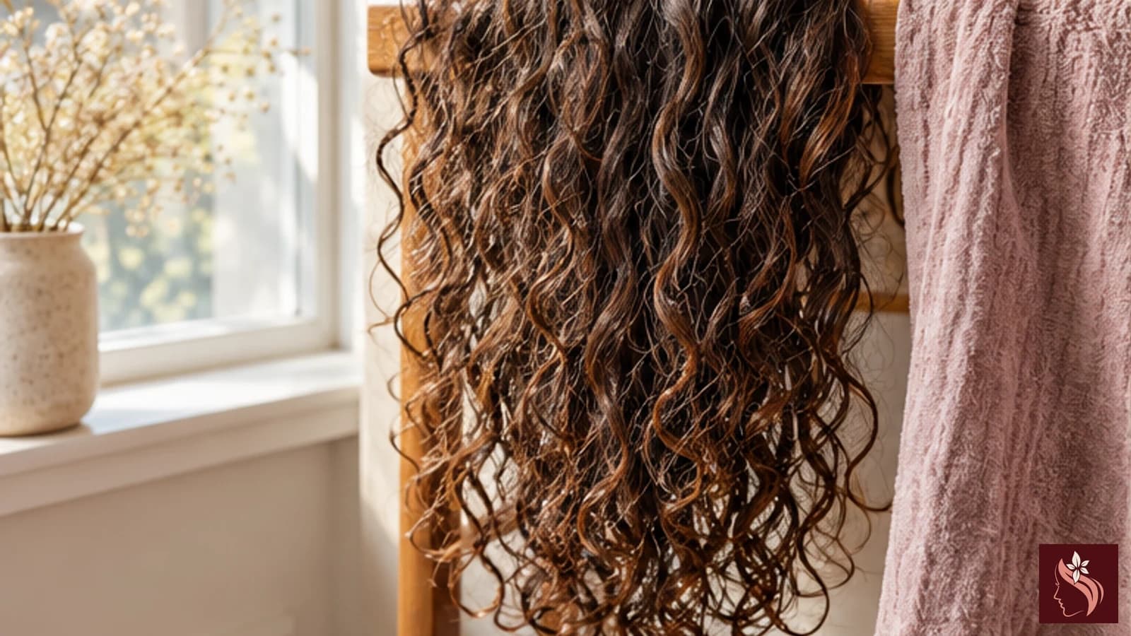 Curly hair texture drying near a window, no person shown