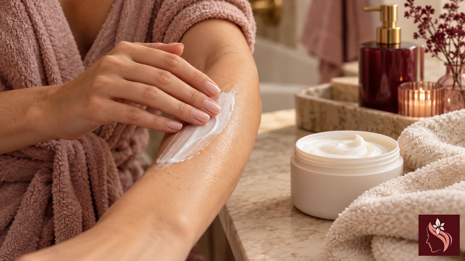 A close view of moisturizer being smoothed onto an arm