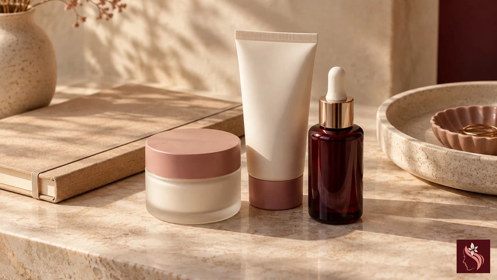 Unbranded skincare bottles grouped beside a closed notebook, no people